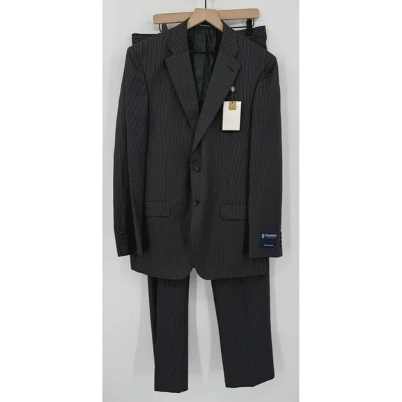 Stafford Suit 42L Gray‎ Charcoal Pinstripe Wool Silk Pants 36 Waist Pleated NEW